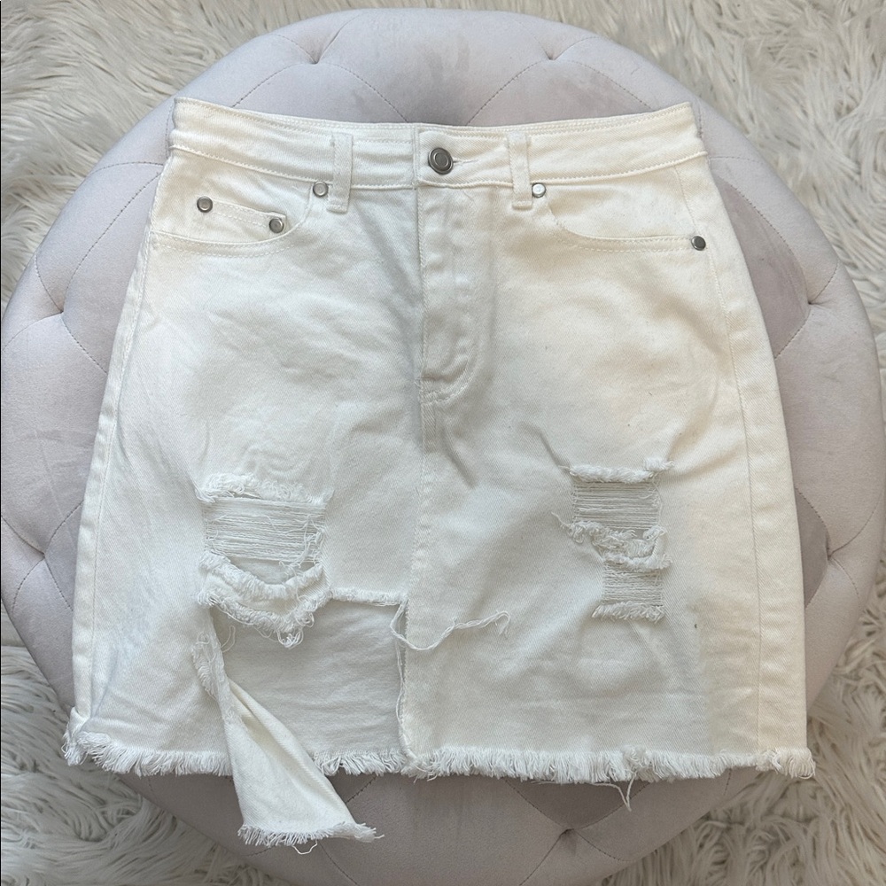 White Distressed Denim Skirt